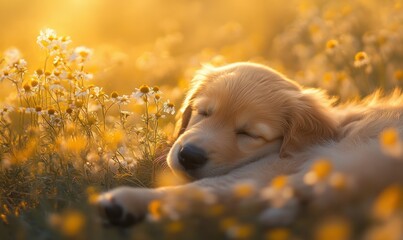 Close-up of a golden retriever puppy playing in a meadow, soft focus wildflowers in the background, golden light highlighting its fur, pure joy and innocence captured, .