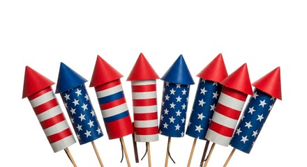 Seven patriotic rockets with red and blue colors arranged against a plain white background in studio shot