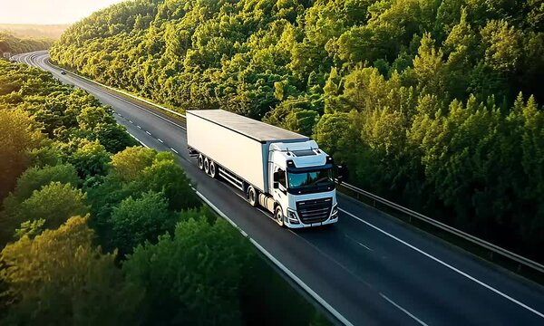 Freight Truck Journey: Captivating Aerial View on Picturesque Highway Amidst Green Foliage