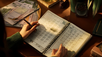 Pen on the Pages: In a close-up shot, a person's hands delicately navigate a pen across the ruled pages of a notebook, capturing a moment of focused work. It conveys the essence of ideas and plans.