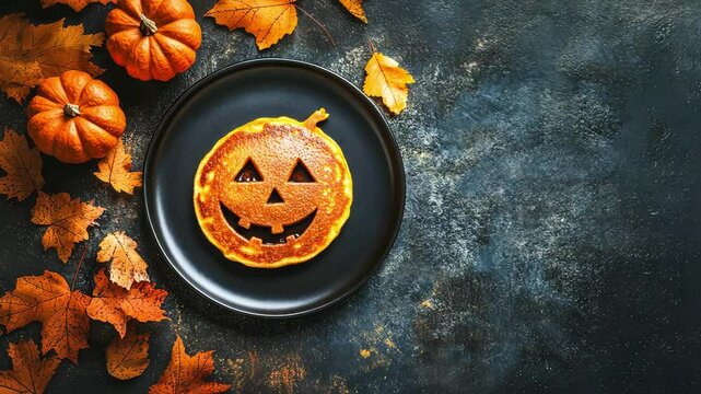 Halloween pumpkin pancake on dark matte plate