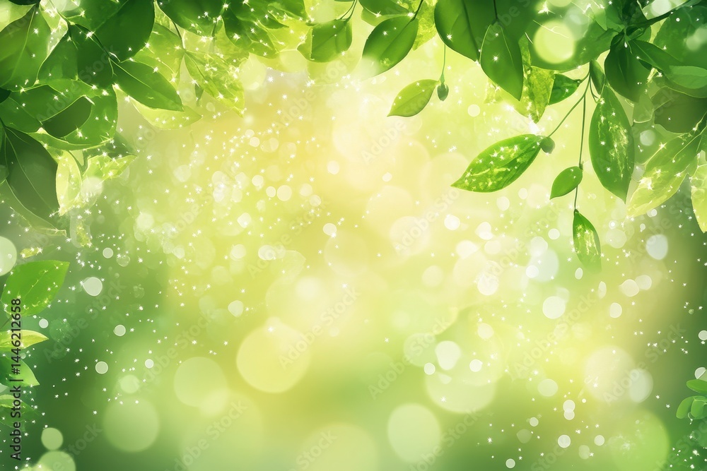Poster bokeh background with green leaves creating a soft, vibrant nature atmosphere, abstract nature bokeh