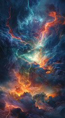 Fototapeta premium Abstract image of swirling clouds with fiery orange and teal lightning, creating a dramatic and energetic visual, representative of power, energy, or chaos