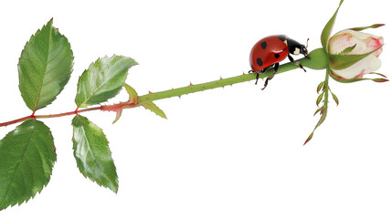 Ladybug Climbs up a Rose Stem in an Isolated and Serene Moment of Natures Beauty