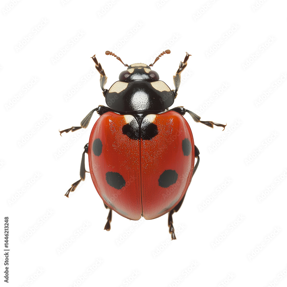 Poster beautiful ladybug with vibrant red shell and distinct black spots resting on a transparent surface, 