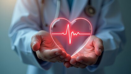 health, medicine, people and cardiology concept - close up of hand with cardiogram on red heart
