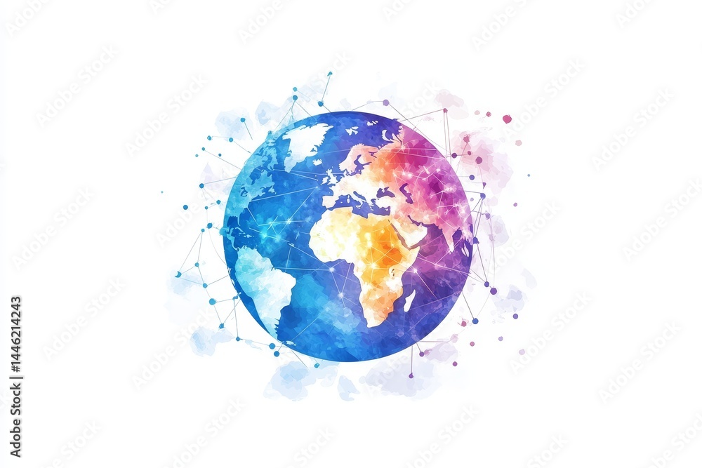 Poster global network connection - watercolor globe illustration depicting global interconnectedness and co