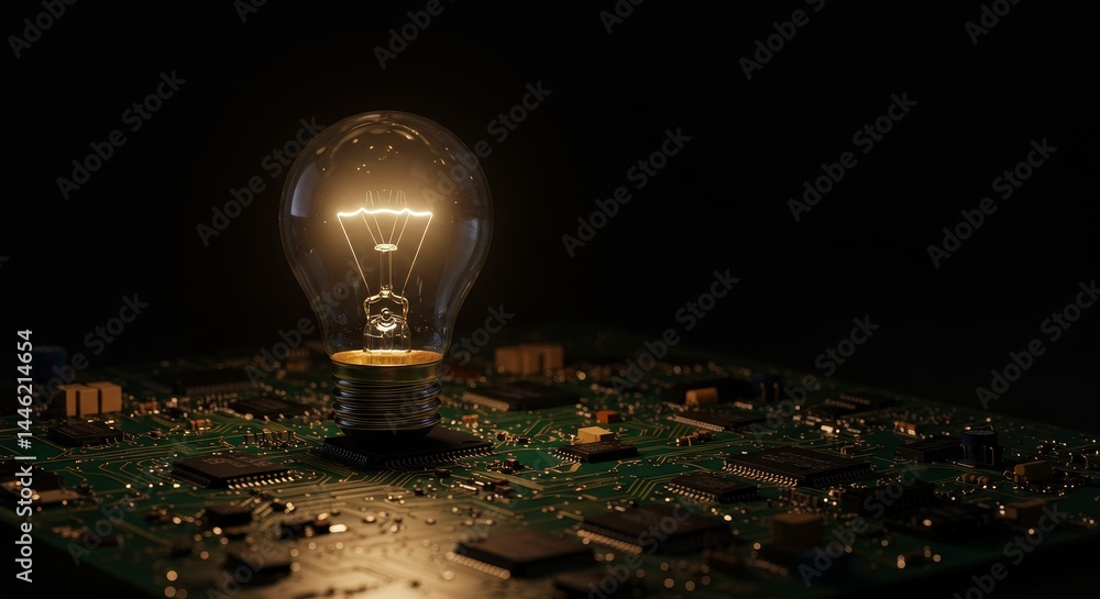 Poster illuminated innovation: lightbulb on circuit board - glowing lightbulb rests on a circuit board, sym