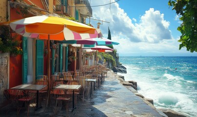 Coastal cafe with colorful umbrellas beside a vibrant seaside view.