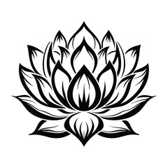 Ornate Lotus Flower, Black Elegant Floral Design Element on Isolated White Background