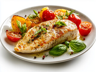 Grilled chicken breast with roasted vegetables and basil presenting a healthy meal