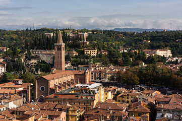 panoramic view from Torre dei Lamberti, Verona, Italy towards Basilica of Saint Anastasia
