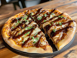 Delicious bbq chicken pizza being served on wooden table