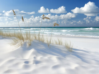 White sand dunes and sea oats swaying in the gentle breeze of a pristine beach