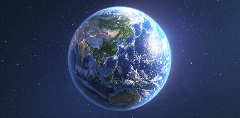 Fototapeta premium A 3D rendering of Planet Earth highlights its detailed relief and atmosphere, with contrasting day and night scenes, and a geographical emphasis on the Pacific Ocean, Japan, and China, using elements