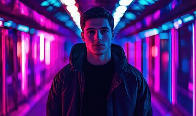 Man standing alone on a futuristic walkway, surrounded by vibrant neon lights in shades of blue and purple.