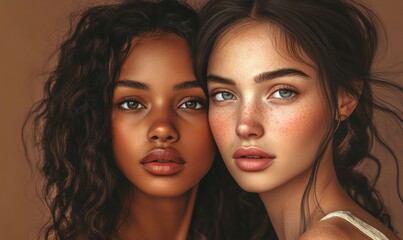 Portrait of multiracial women in studio looking at camera over brown background.