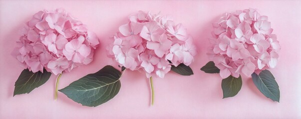 Fototapeta premium Three pink hydrangea flowers with green leaves on pink backdrop