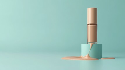 Makeup foundation bottle spills on pastel green background