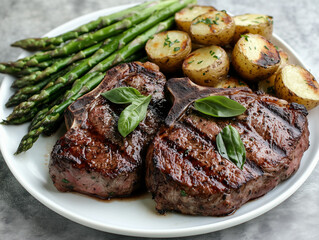 Grilled t-bone steak with roasted potatoes and asparagus, garnished with basil