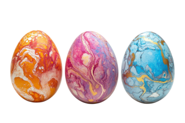 Beautifully marbled Easter eggs in vibrant orange pink and blue tones against a stark white