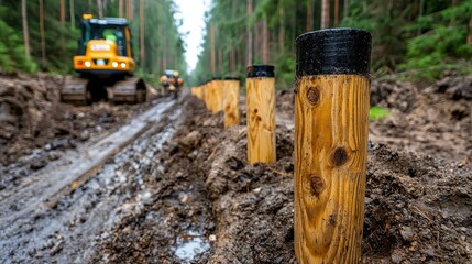 Muddy Forest Road with Wooden Posts and Construction Vehicle
