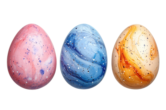 Three vibrant Easter eggs pink blue and orange showcase beautiful marbled designs against a white