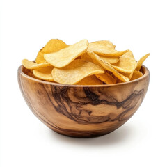 Crispy golden chips in wooden bowl