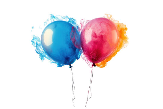 Burst of color Two vibrant balloons exploding in a moment of playful joy against a soft white
