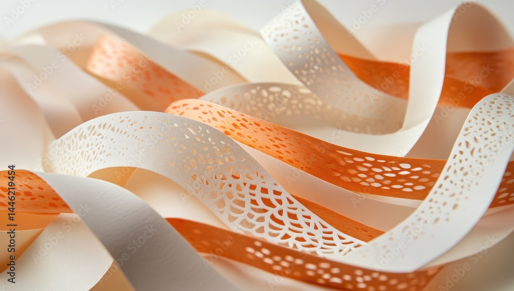 Poster abstract paper ribbons, intricate lace patterns, flowing forms, overlapping layers of cream and peac