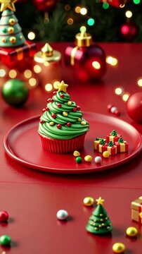 cupcake in the shape of a Christmas tree, on a red plate, next to the cupcake are small candies in the shape of gifts