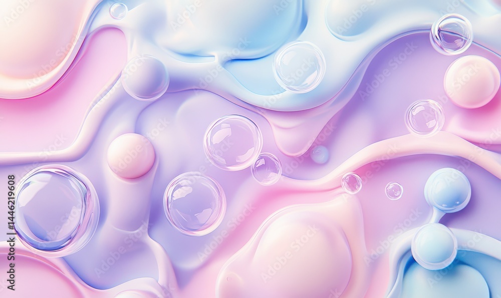 Poster floating abstract bubbles in soft pastel hues on a light background, clean smooth design creating a 