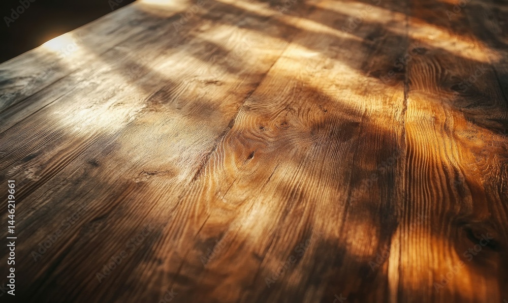Poster rustic wooden table with visible natural grain illuminated by warm sunlight emphasizing the raw and 