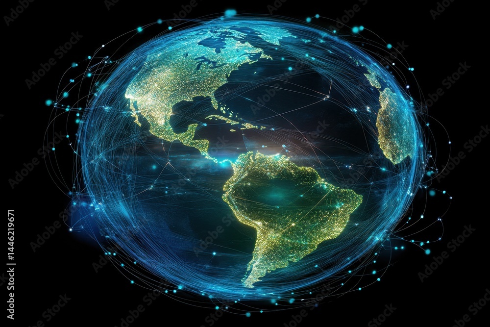 Poster global digital data processing with connections across continents and oceans, digital data processin
