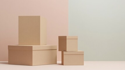 Minimalist product packaging setup featuring cardboard boxes a pastel toned background