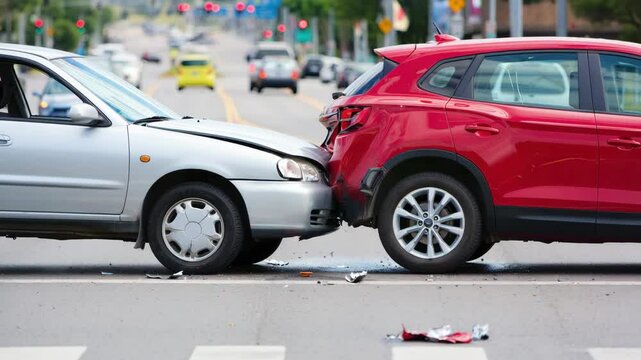 Two cars involved in rear end collision on urban road, used for insurance claims, traffic safety campaigns, legal documentation and accident awareness materials in transportation context