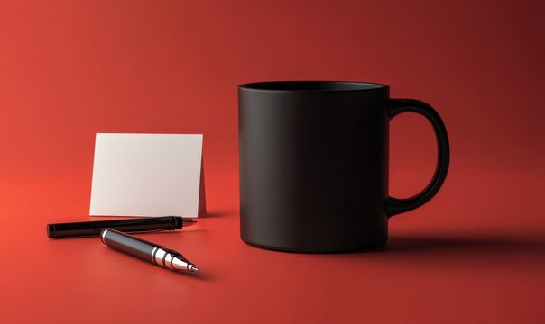 Sleek matte black coffee mug on a bright red surface, paired with an elegant pen and a blank card for a creative workspace vibe.