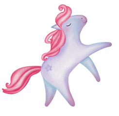 Cute purple watercolor pony with pink mane. Illustration for kids party, nursery, magical designs, nursery prints, girl birthday invitations, fairy tale decor.