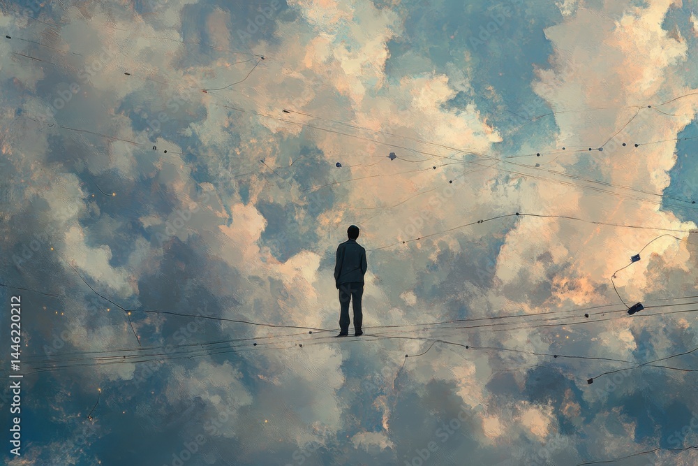Poster exploring data connections in a surreal sky filled with clouds during twilight, data connections aga
