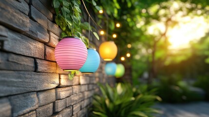 Fototapeta premium Bright paper lanterns in various colors along a garden wall, casting a soft, festive light on plants and creating a lively outdoor scene.