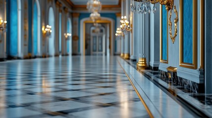 Shimmering crystal wall lights reflect brilliantly off the mirrors and polished surfaces of a lavish ballroom.