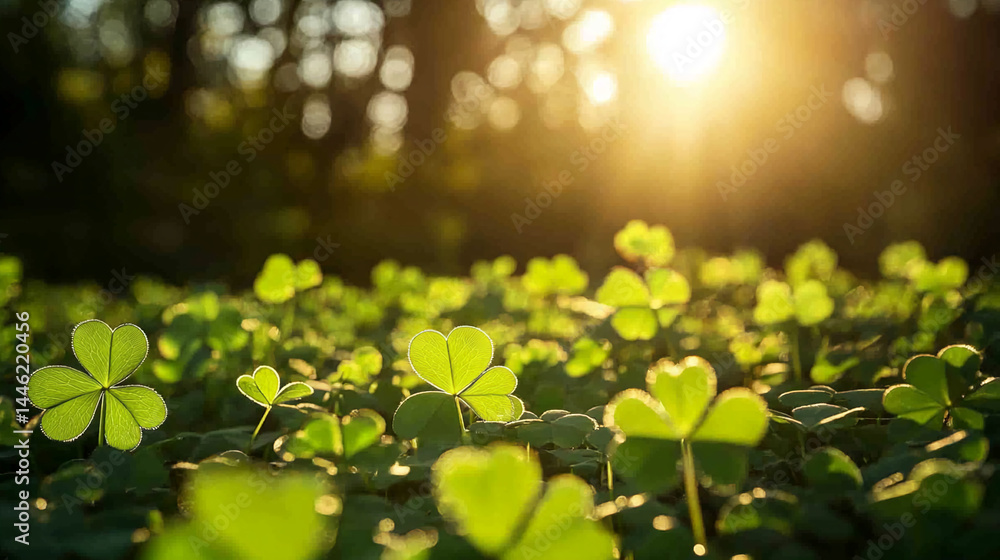 Poster close-up of green clover leaves in sunlight, creating a fresh and vibrant appearance symbolizing luc