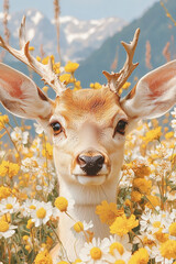 Close up of magnificent deer buck cervid grazing peacefully in a serene mountain meadow surrounded by vibrant white and yellow orange wildflowers