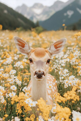 Close up of magnificent deer buck cervid grazing peacefully in a serene mountain meadow surrounded by vibrant white and yellow orange wildflowers