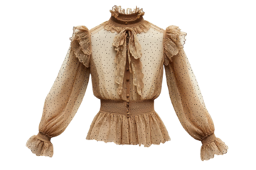 Elegant sheer taupe blouse delicate polka dots ruffled sleeves high neck romantic style stylish
