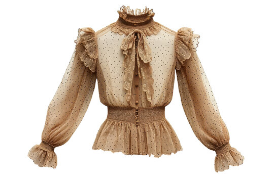 Elegant sheer taupe blouse delicate polka dots ruffled sleeves high neck romantic style stylish