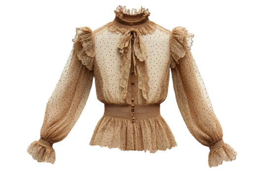 Elegant sheer taupe blouse delicate polka dots ruffled sleeves high neck romantic style stylish