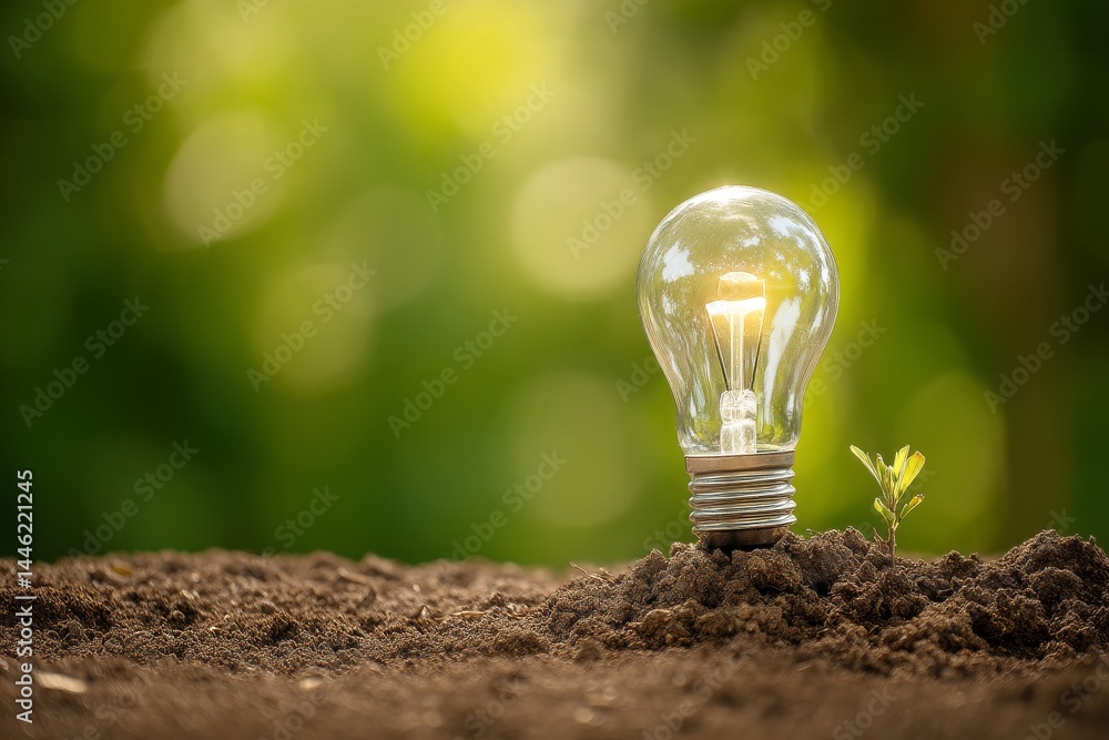 Poster the tree with lightbulbs and sunlight on its soil represents a concept that can save the world and p