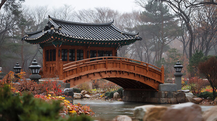 korean garden bridge over clear stream