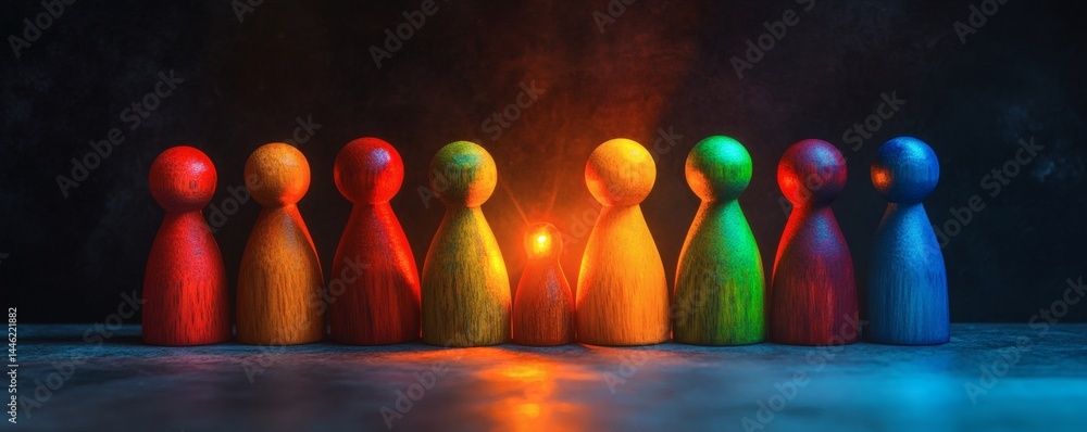 Poster a group of colorful wooden figures displayed in a row